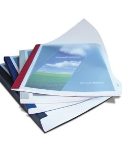 Fanned Variety of Coverbind Clean Linen Thermal Binding Covers with Clear Front and Colors Burgundy, Gray, Navy Blue, and Black Linen Backings/Spines for Accel Binding Machines